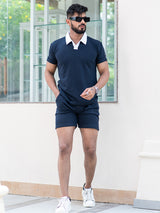 Solid Blue Polo Neck T-shirt & Shorts Co-ord Set