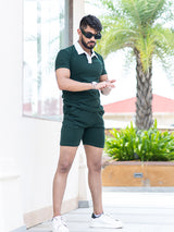 Solid Bottle Green Polo Neck T-shirt & Shorts Co-ord Set