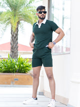 Solid Bottle Green Polo Neck T-shirt & Shorts Co-ord Set