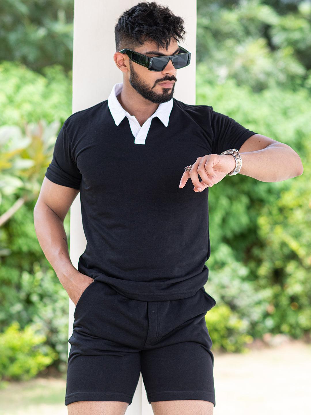 Solid Black Polo Neck T-shirt & Shorts Co-ord Set - Tistabene