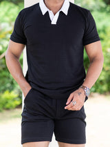 Solid Black Polo Neck T-shirt & Shorts Co-ord Set - Tistabene