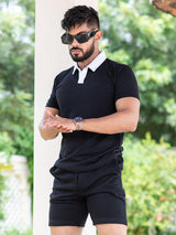 Solid Black Polo Neck T-shirt & Shorts Co-ord Set - Tistabene