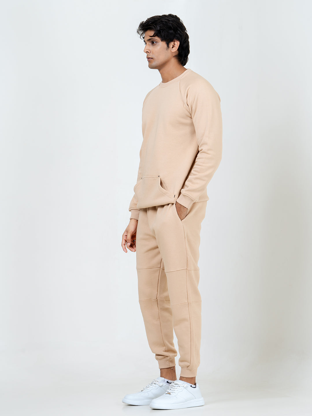 Beige Round Neck Sweatshirt With Jogger Co-ord Set