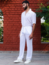 White Popcorn Textured Half Sleeves Shirt With Pant Co-ord Set