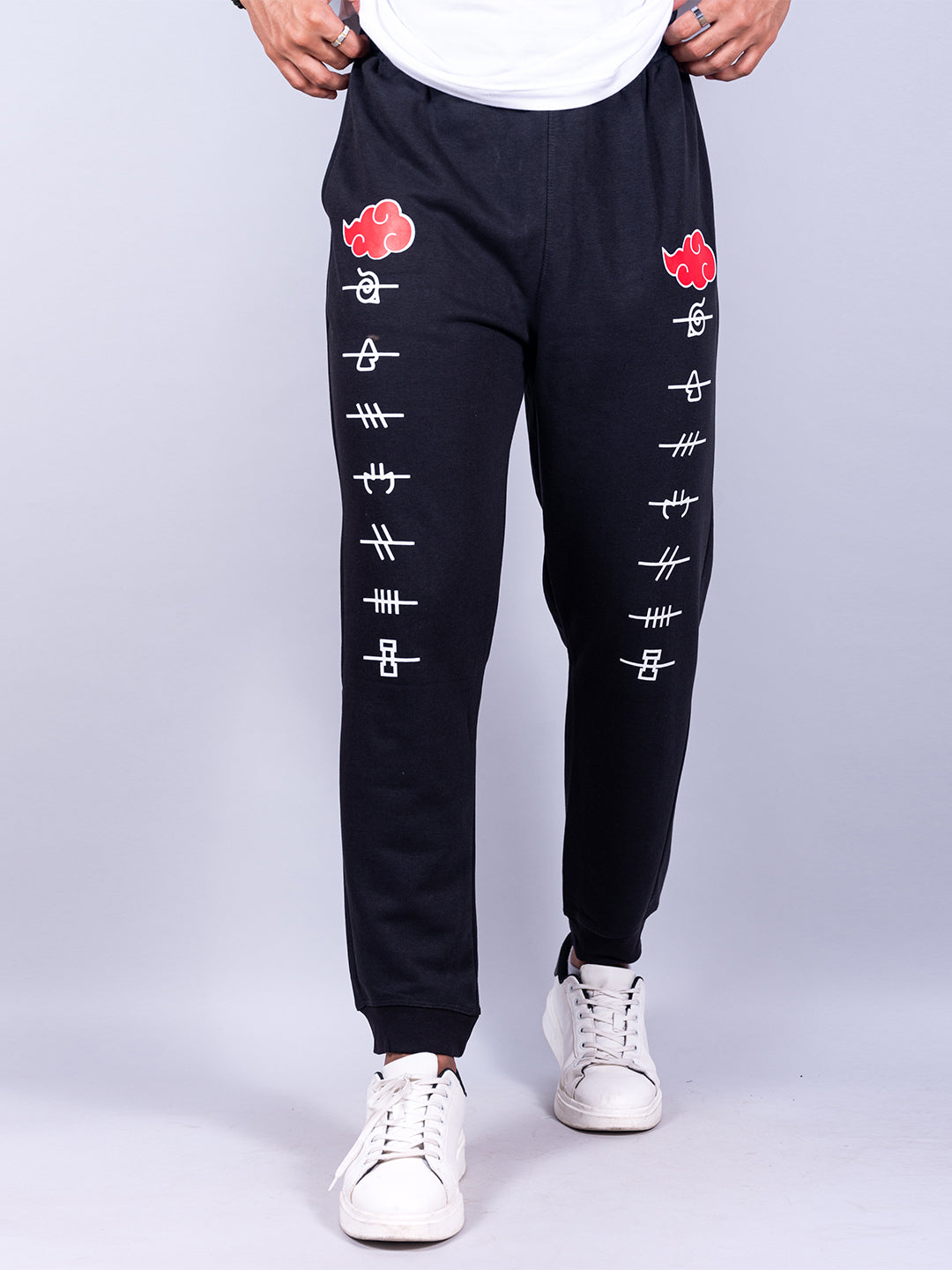 Black Anime Akatsuki Cloud Printed Cotton Joggers For Men