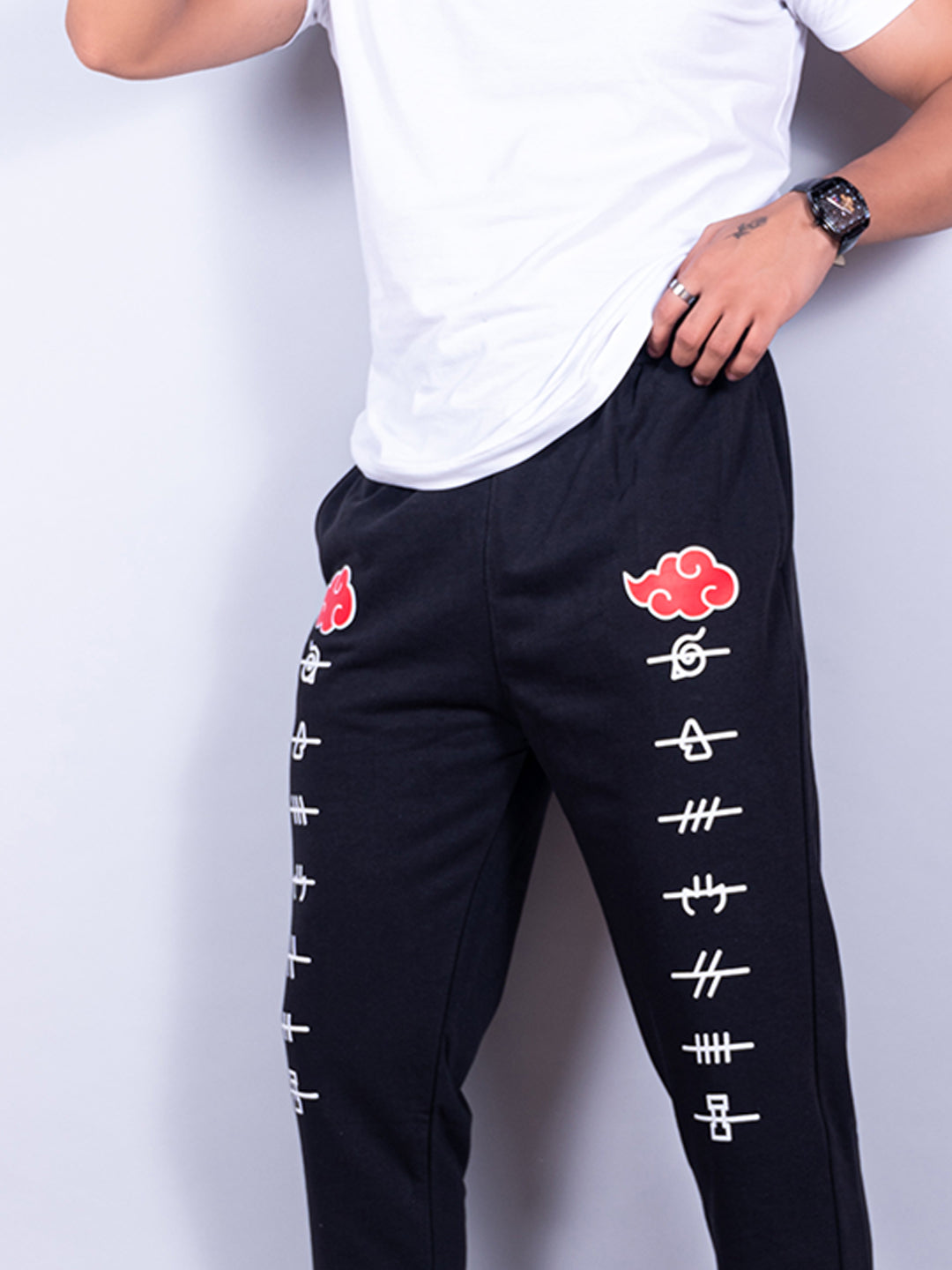 Black Anime Akatsuki Cloud Printed Cotton Joggers For Men