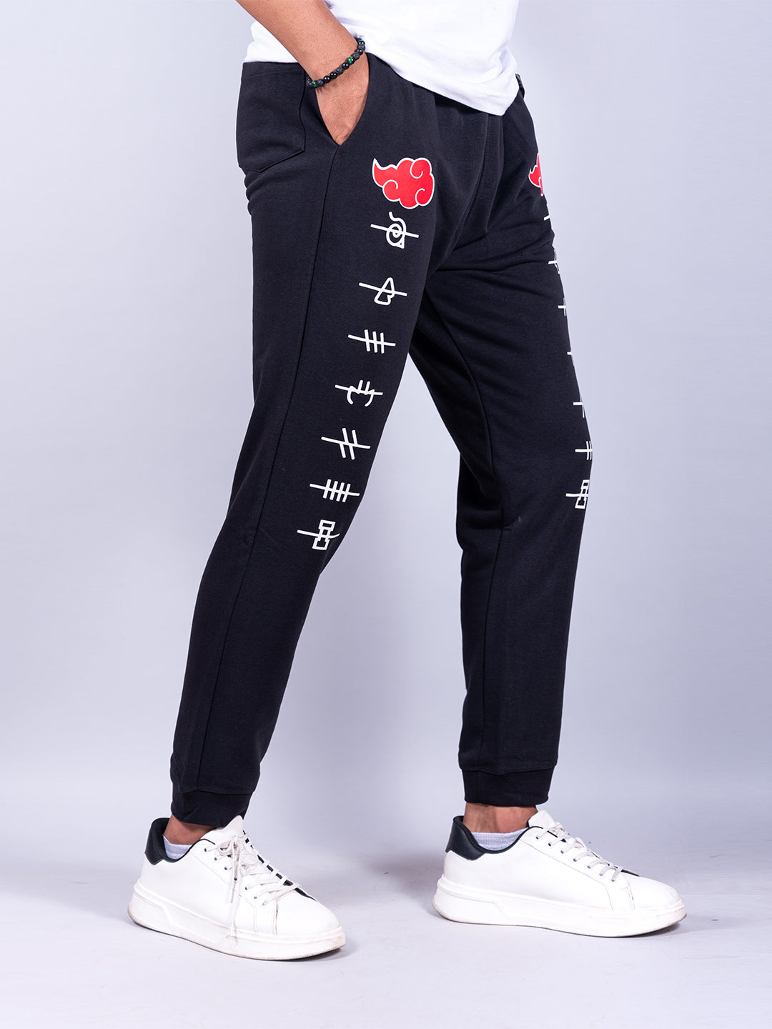 Black Anime Akatsuki Cloud Printed Cotton Joggers For Men