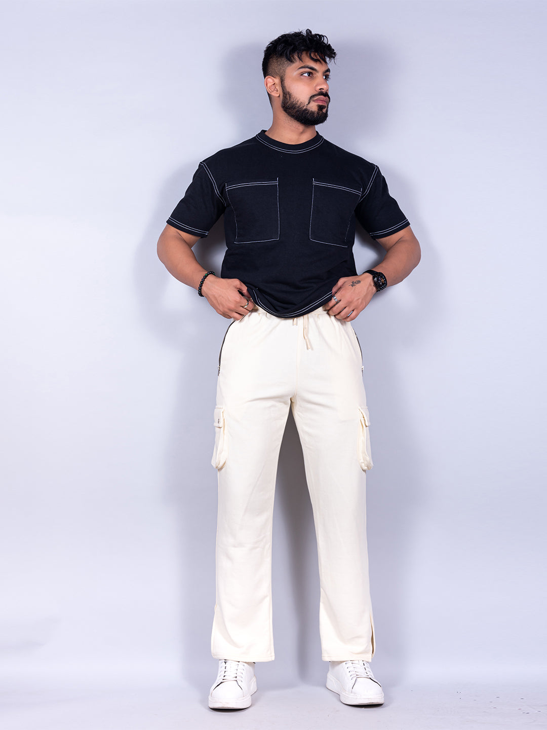 Cream Boot Cut Cargo Track Pants