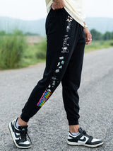 Black Space Printed Cotton Joggers For Men