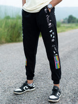 Black Space Printed Cotton Joggers For Men