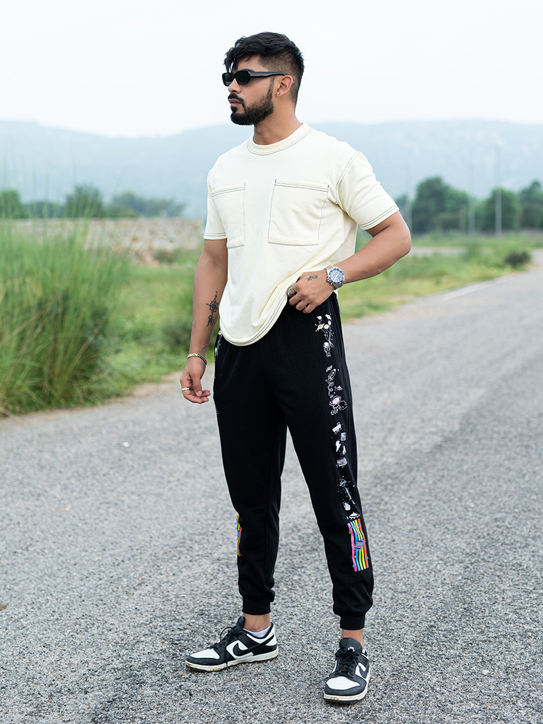 Black Space Printed Cotton Joggers For Men