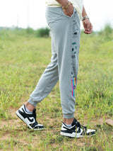 Grey Space Printed Cotton Joggers For Men