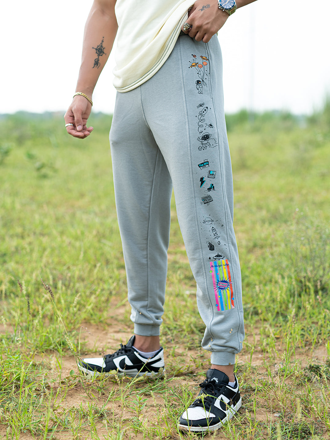 Grey Space Printed Cotton Joggers For Men