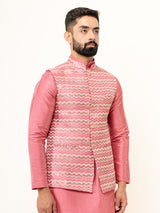 Dark Pink Dupin Solid Kurta With Embroidered Jacket for Men