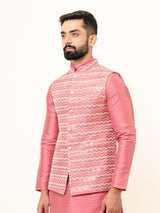 Dark Pink Dupin Solid Kurta With Embroidered Jacket for Men