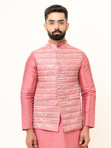 Dark Pink Dupin Solid Kurta With Embroidered Jacket for Men