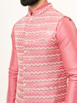 Dark Pink Dupin Solid Kurta With Embroidered Jacket for Men