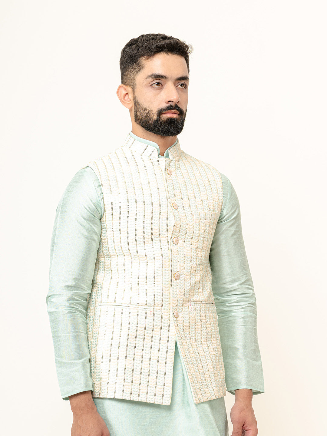 Mint Green Dupin Solid Kurta With Embroidered Jacket for Men