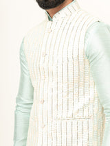 Mint Green Dupin Solid Kurta With Embroidered Jacket for Men