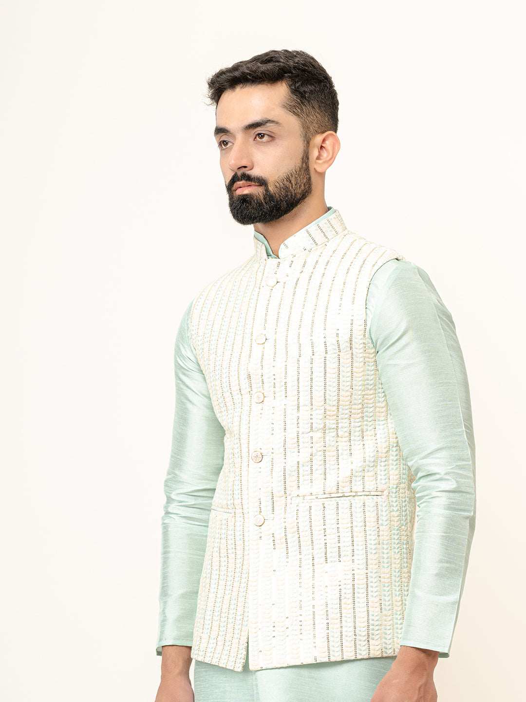 Mint Green Dupin Solid Kurta With Embroidered Jacket for Men