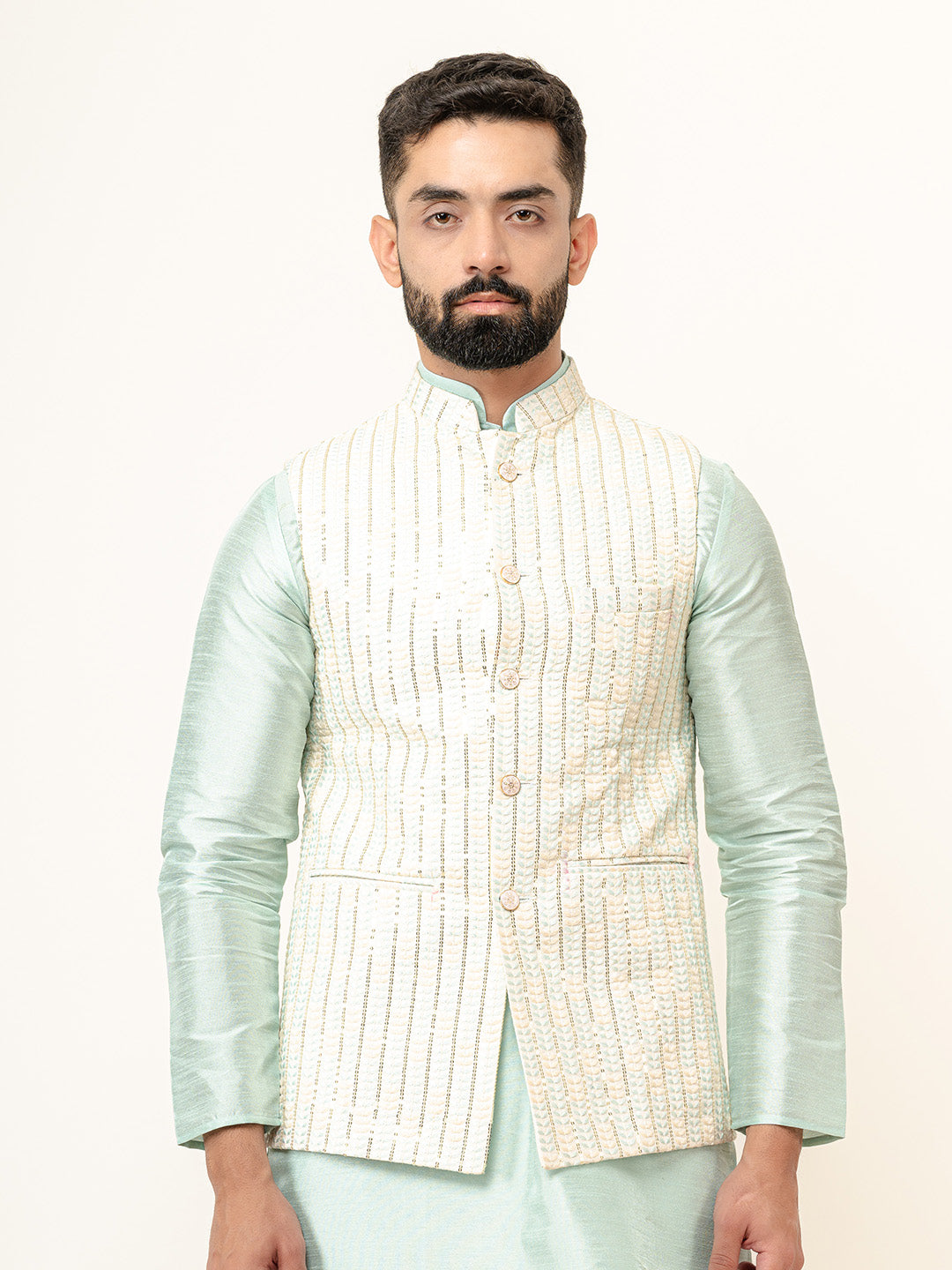 Mint Green Dupin Solid Kurta With Embroidered Jacket for Men