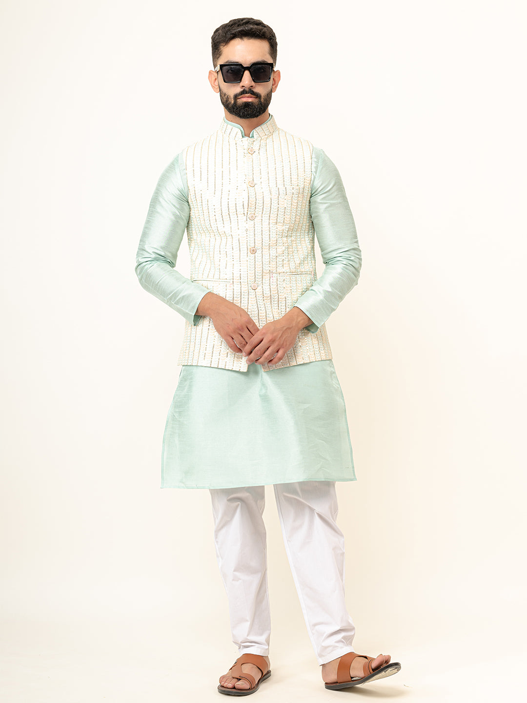 Mint Green Dupin Solid Kurta With Embroidered Jacket for Men