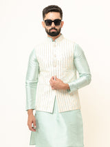 Mint Green Dupin Solid Kurta With Embroidered Jacket for Men