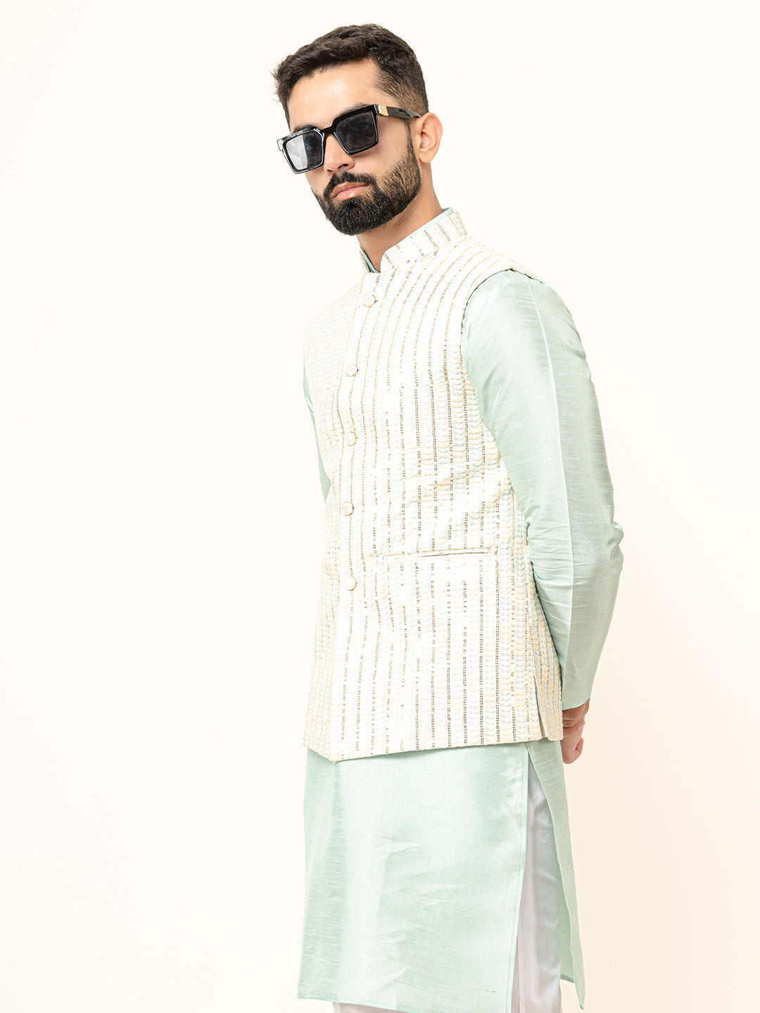 Mint Green Dupin Solid Kurta With Embroidered Jacket for Men