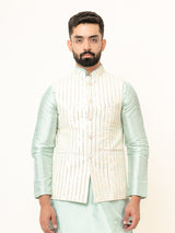 Mint Green Dupin Solid Kurta With Embroidered Jacket for Men