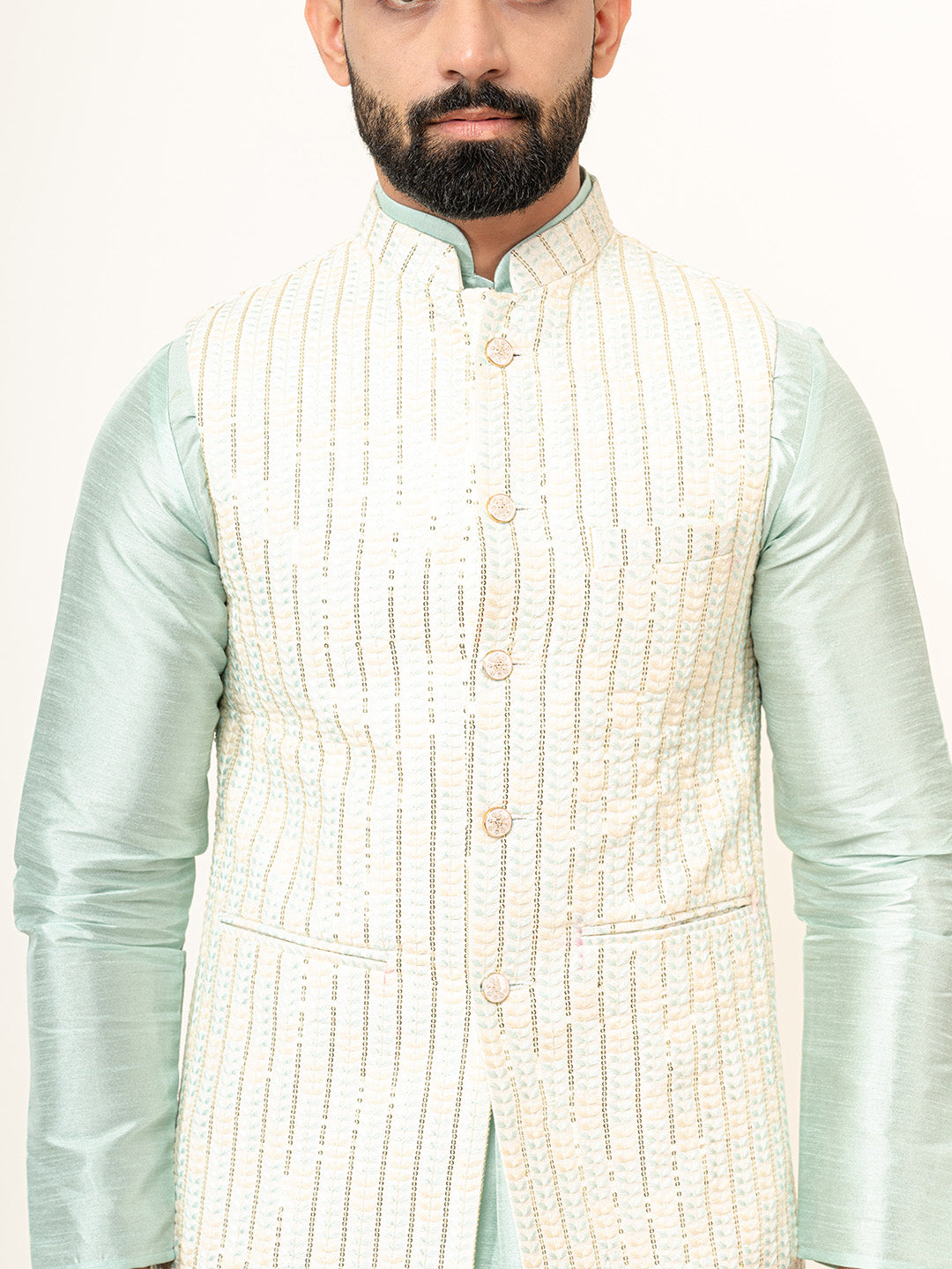 Mint Green Dupin Solid Kurta With Embroidered Jacket for Men