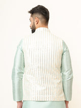 Mint Green Dupin Solid Kurta With Embroidered Jacket for Men