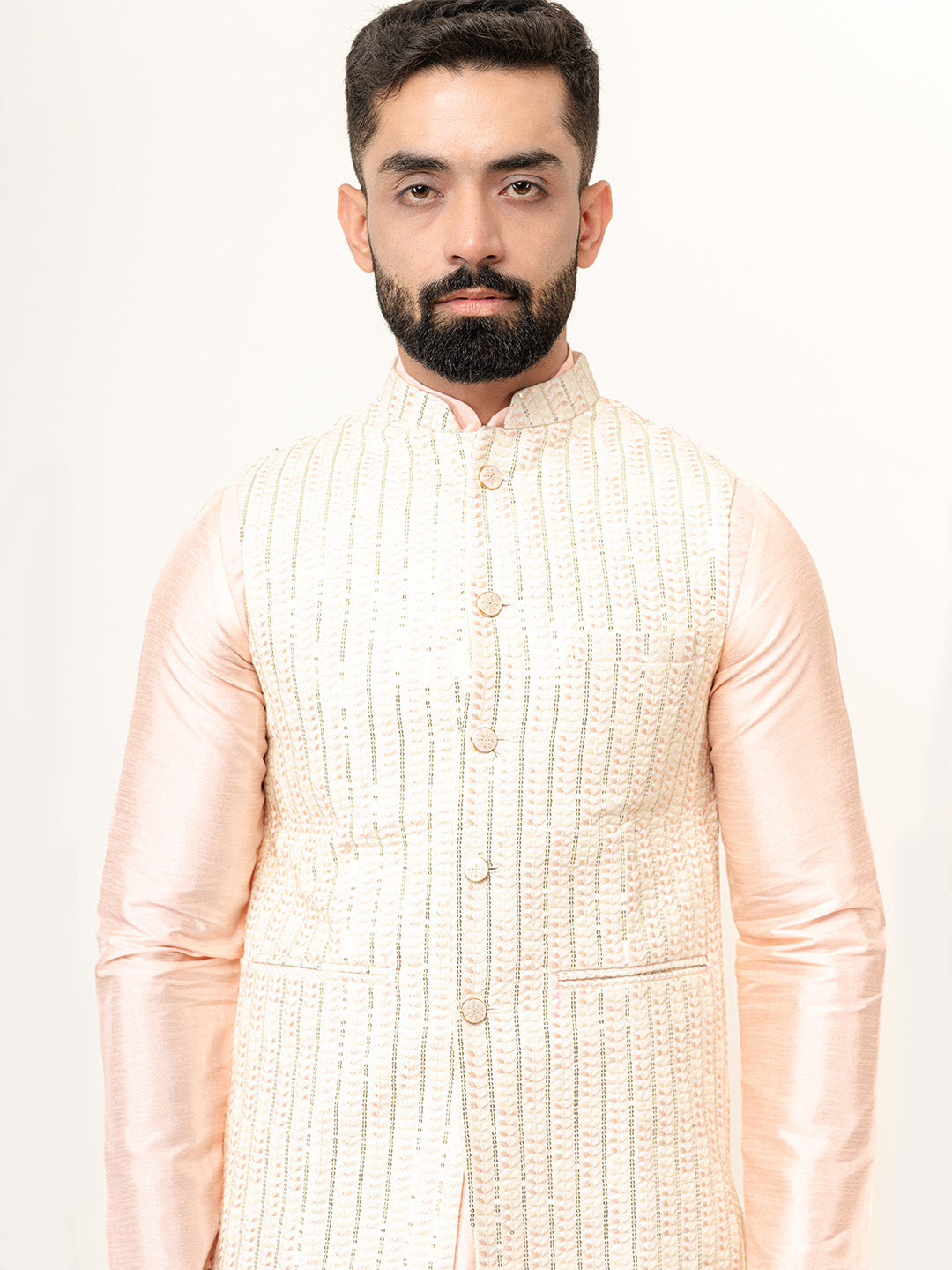 Peach Dupin Solid Kurta With Embroidered Jacket for Men