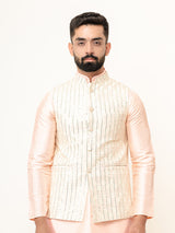 Peach Dupin Solid Kurta With Embroidered Jacket for Men