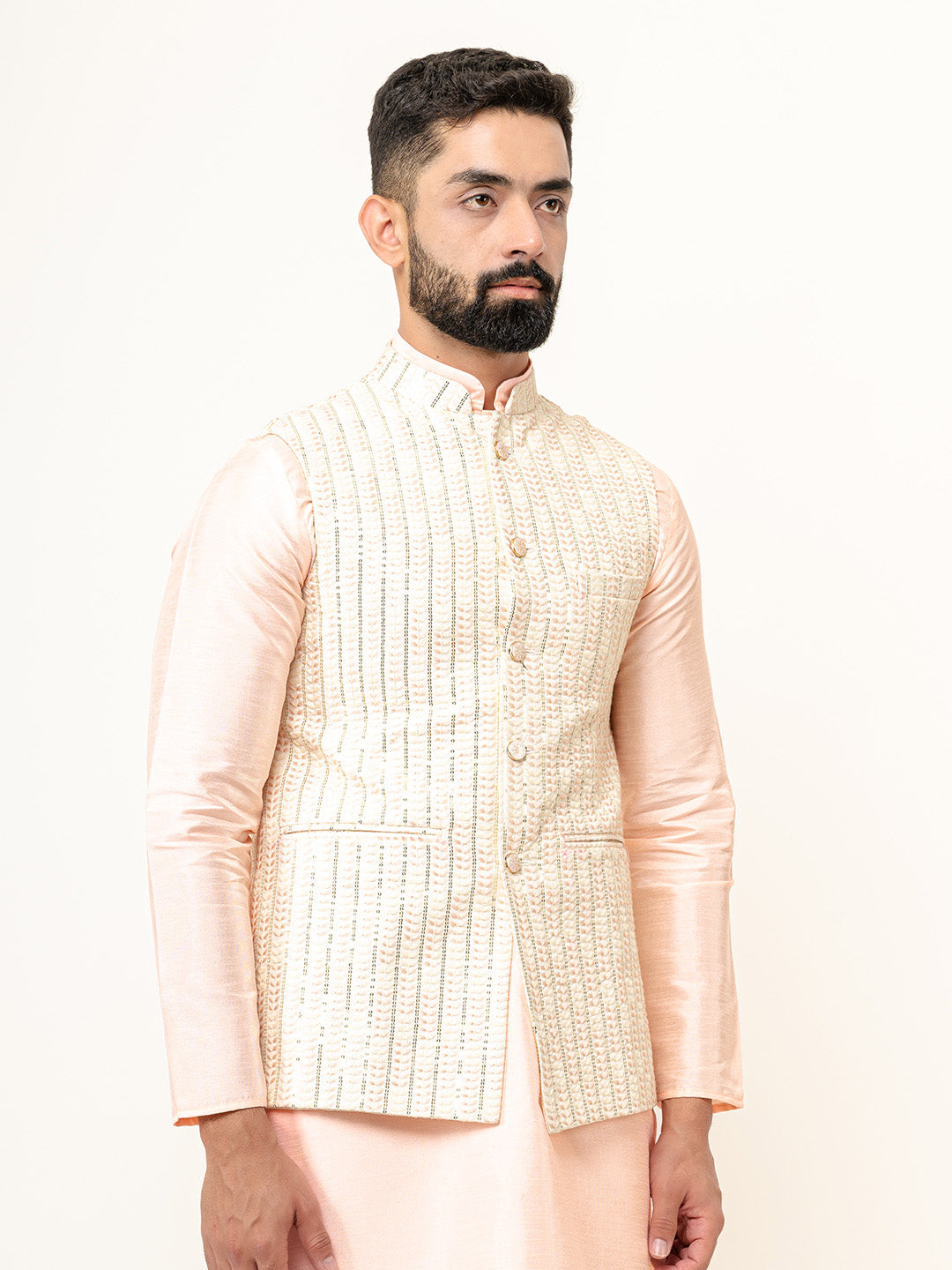 Peach Dupin Solid Kurta With Embroidered Jacket for Men