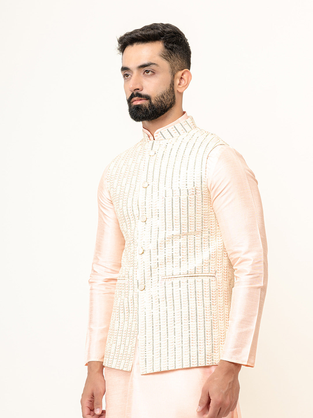 Peach Dupin Solid Kurta With Embroidered Jacket for Men