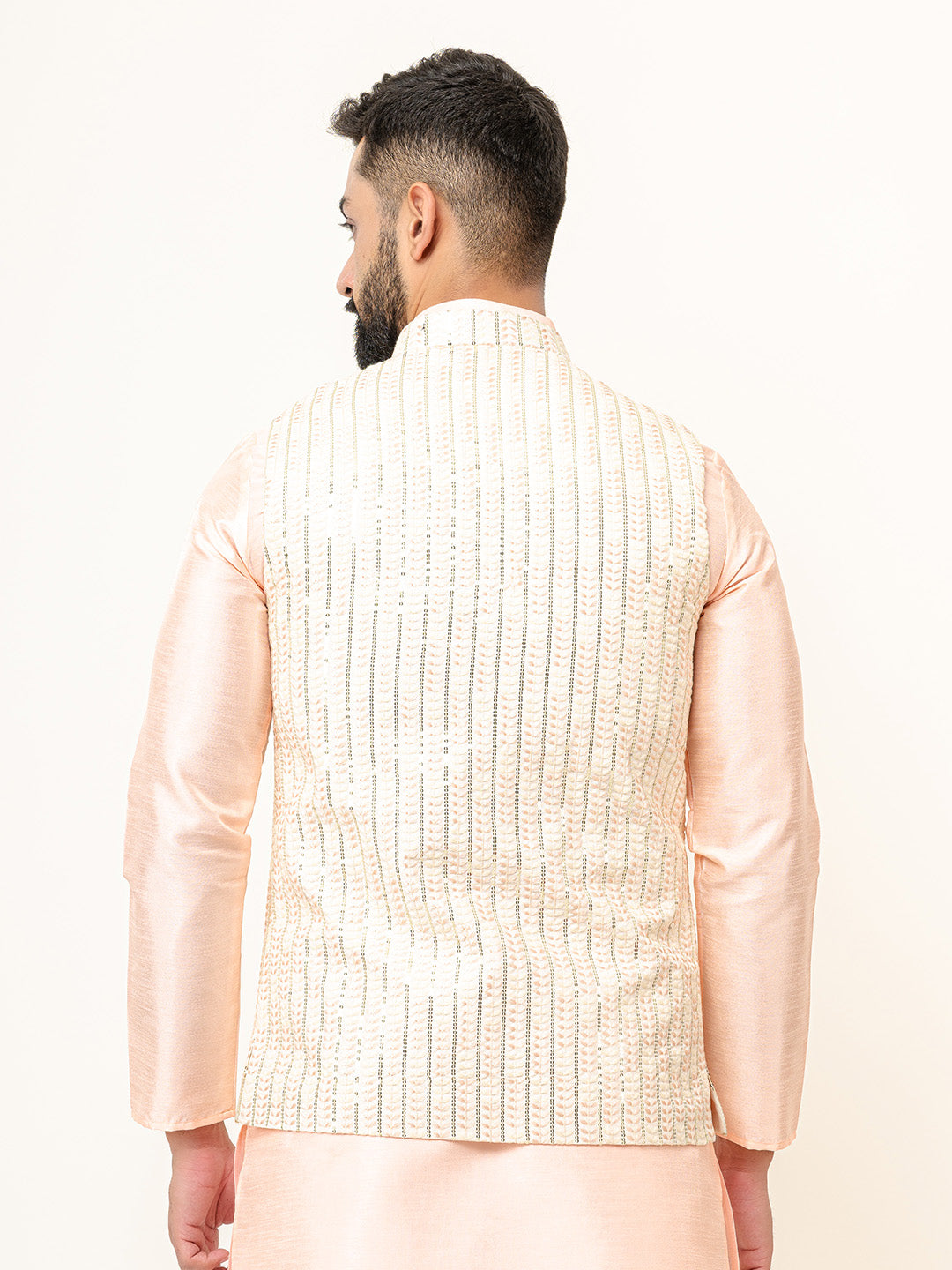 Peach Dupin Solid Kurta With Embroidered Jacket for Men