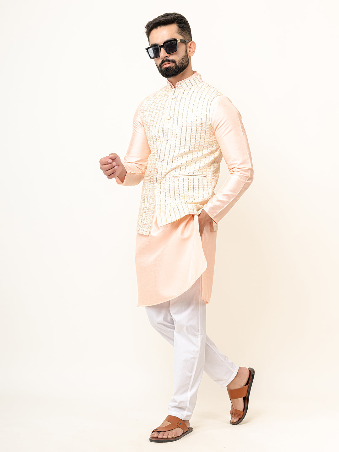 Peach Dupin Solid Kurta With Embroidered Jacket for Men