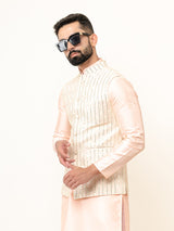 Peach Dupin Solid Kurta With Embroidered Jacket for Men