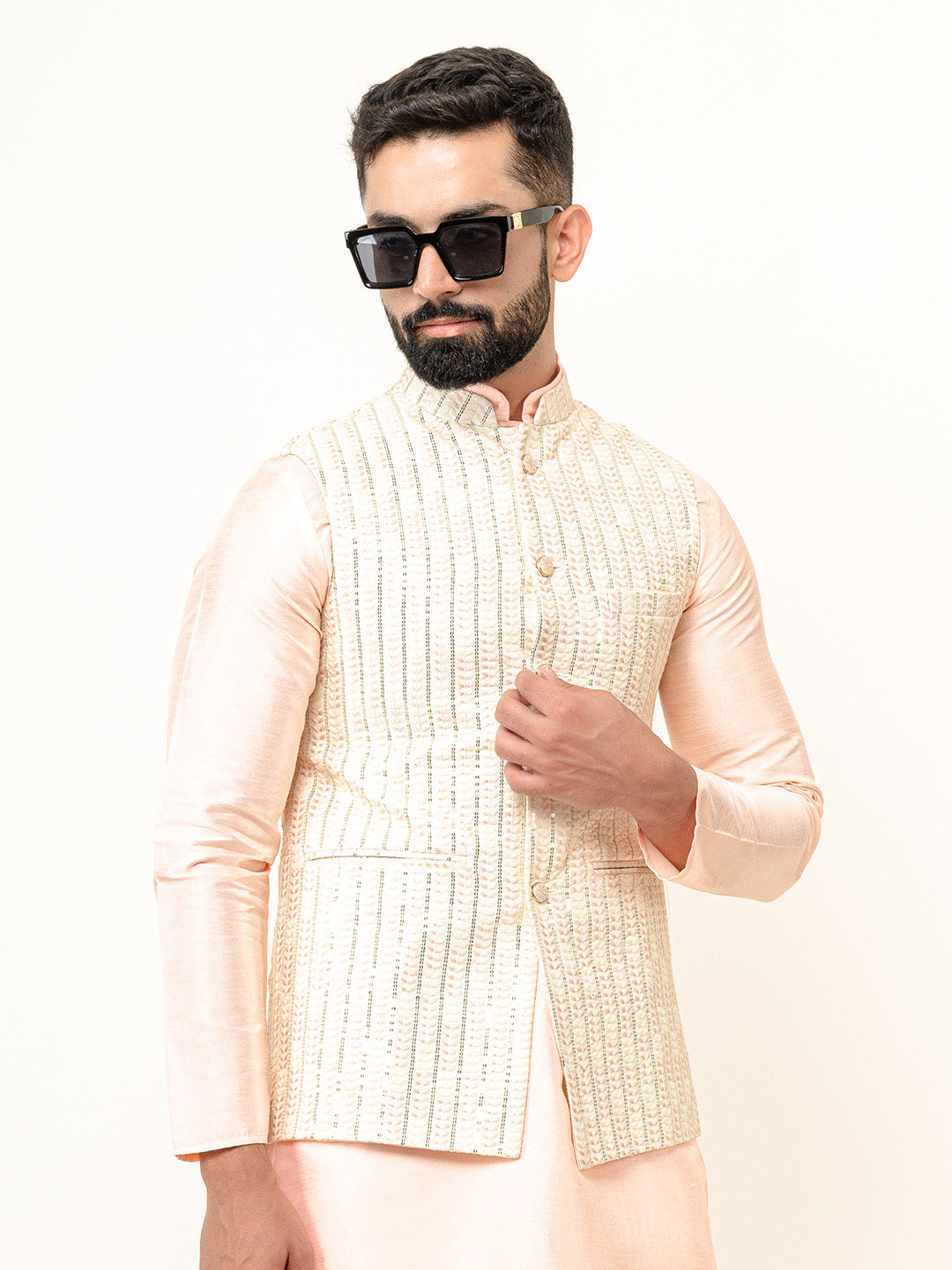 Peach Dupin Solid Kurta With Embroidered Jacket for Men