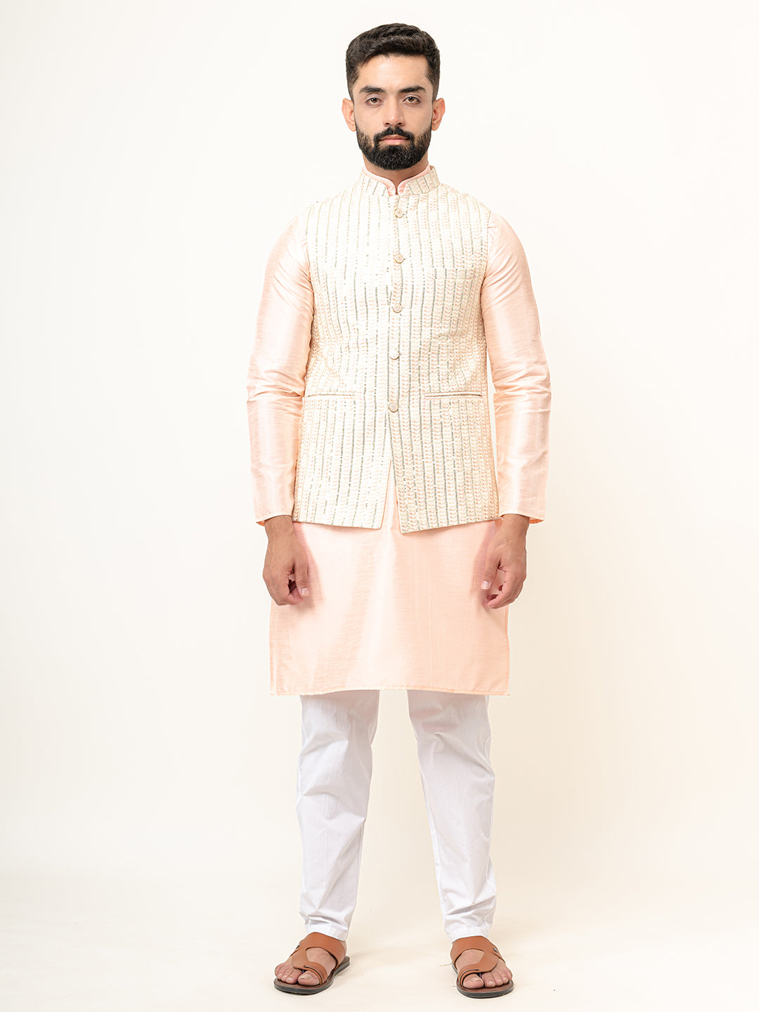 Peach Dupin Solid Kurta With Embroidered Jacket for Men