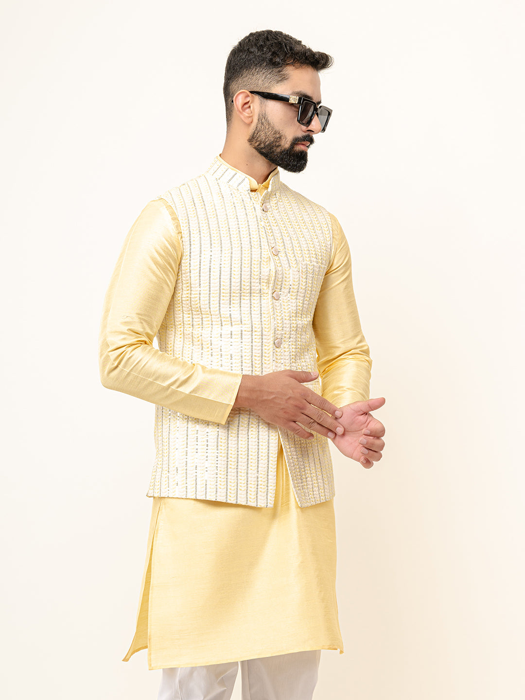 Light Yellow Dupin Solid Kurta With Embroidered Jacket for Men