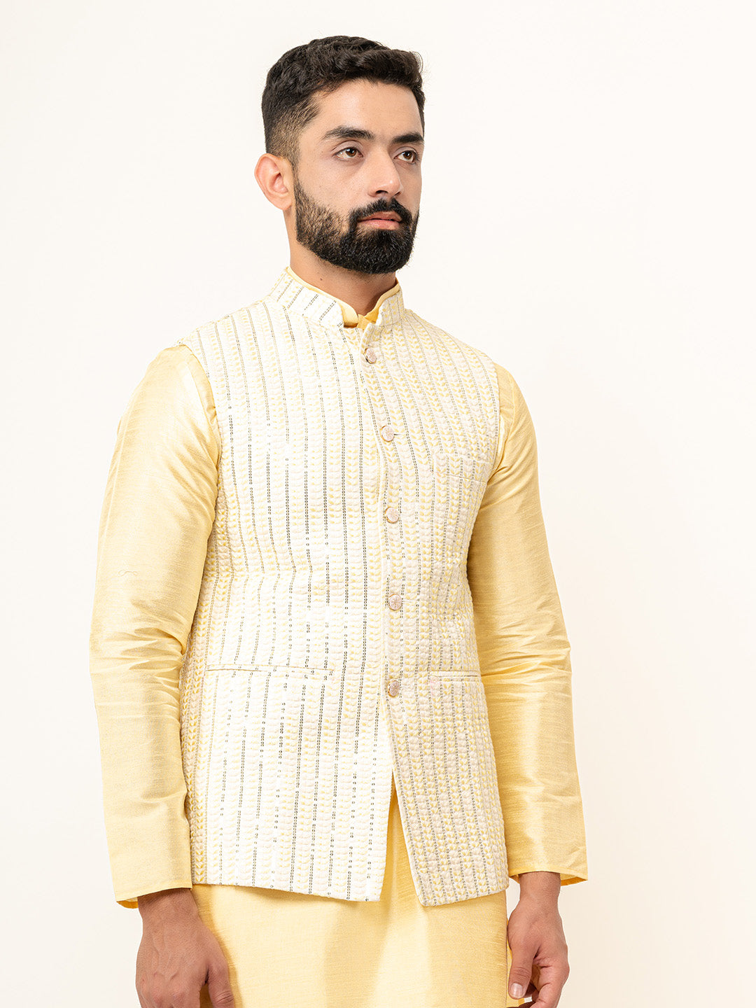 Light Yellow Dupin Solid Kurta With Embroidered Jacket for Men