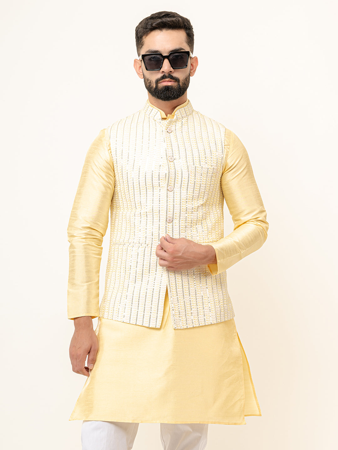 Light Yellow Dupin Solid Kurta With Embroidered Jacket for Men