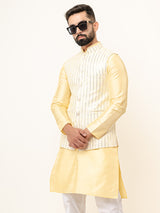 Light Yellow Dupin Solid Kurta With Embroidered Jacket for Men