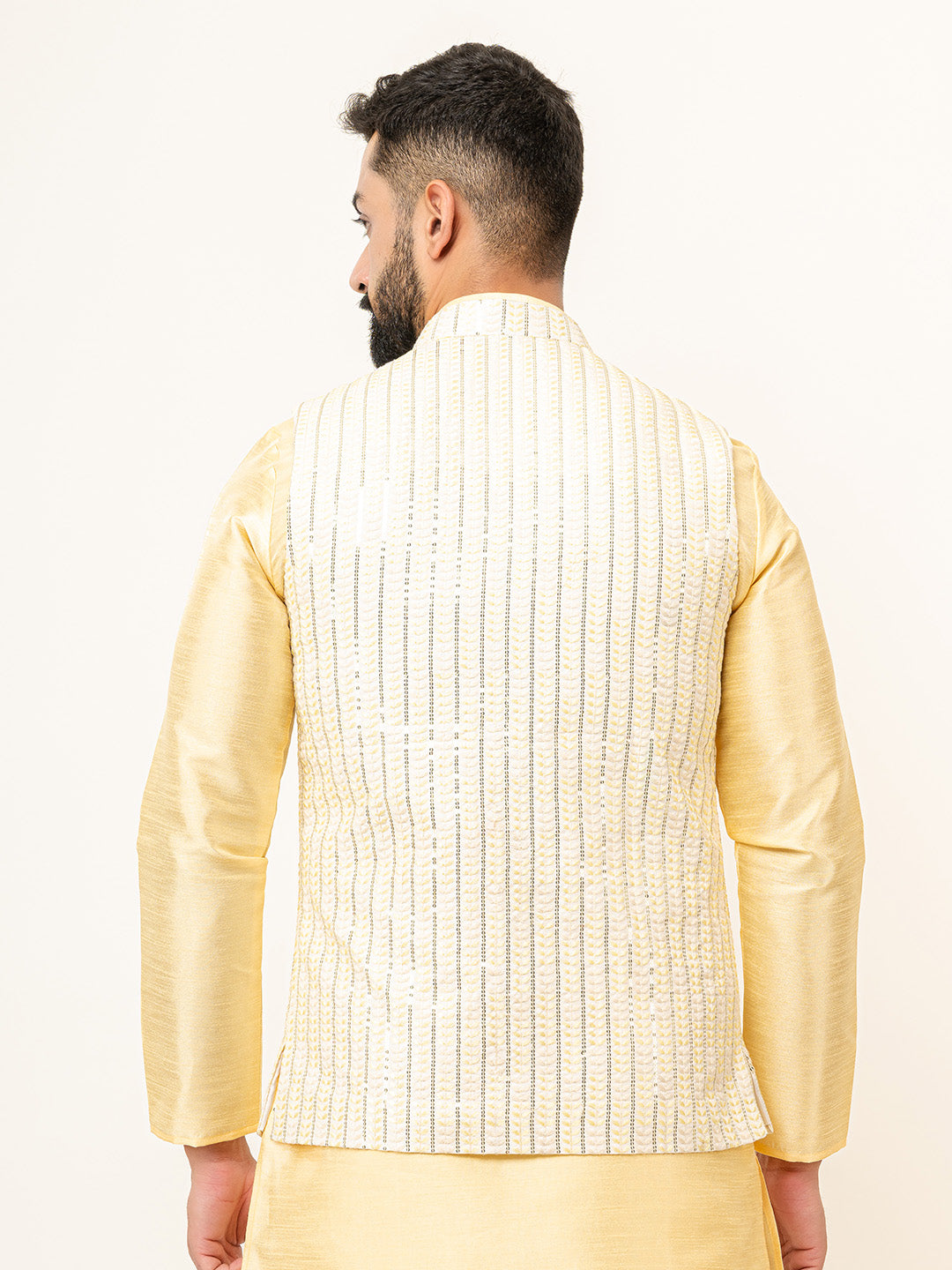 Light Yellow Dupin Solid Kurta With Embroidered Jacket for Men