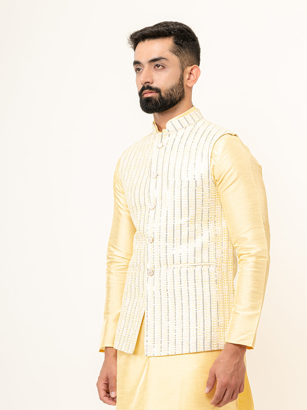 Light Yellow Dupin Solid Kurta With Embroidered Jacket for Men