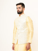 Light Yellow Dupin Solid Kurta With Embroidered Jacket for Men