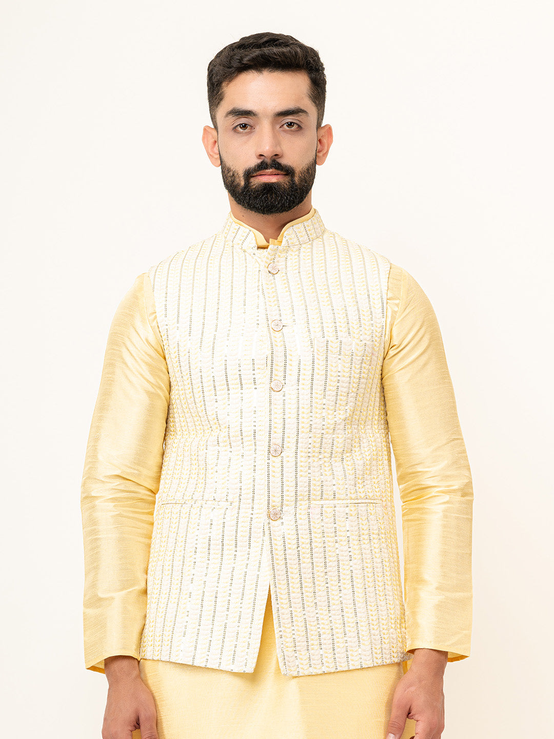 Light Yellow Dupin Solid Kurta With Embroidered Jacket for Men