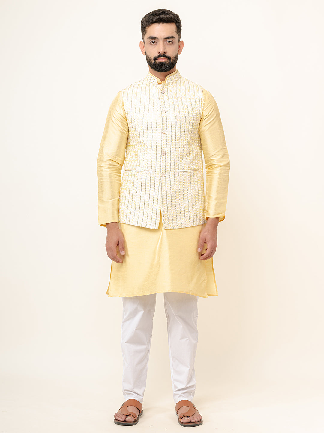 Light Yellow Dupin Solid Kurta With Embroidered Jacket for Men