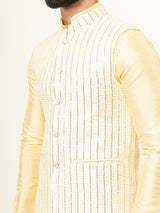 Light Yellow Dupin Solid Kurta With Embroidered Jacket for Men